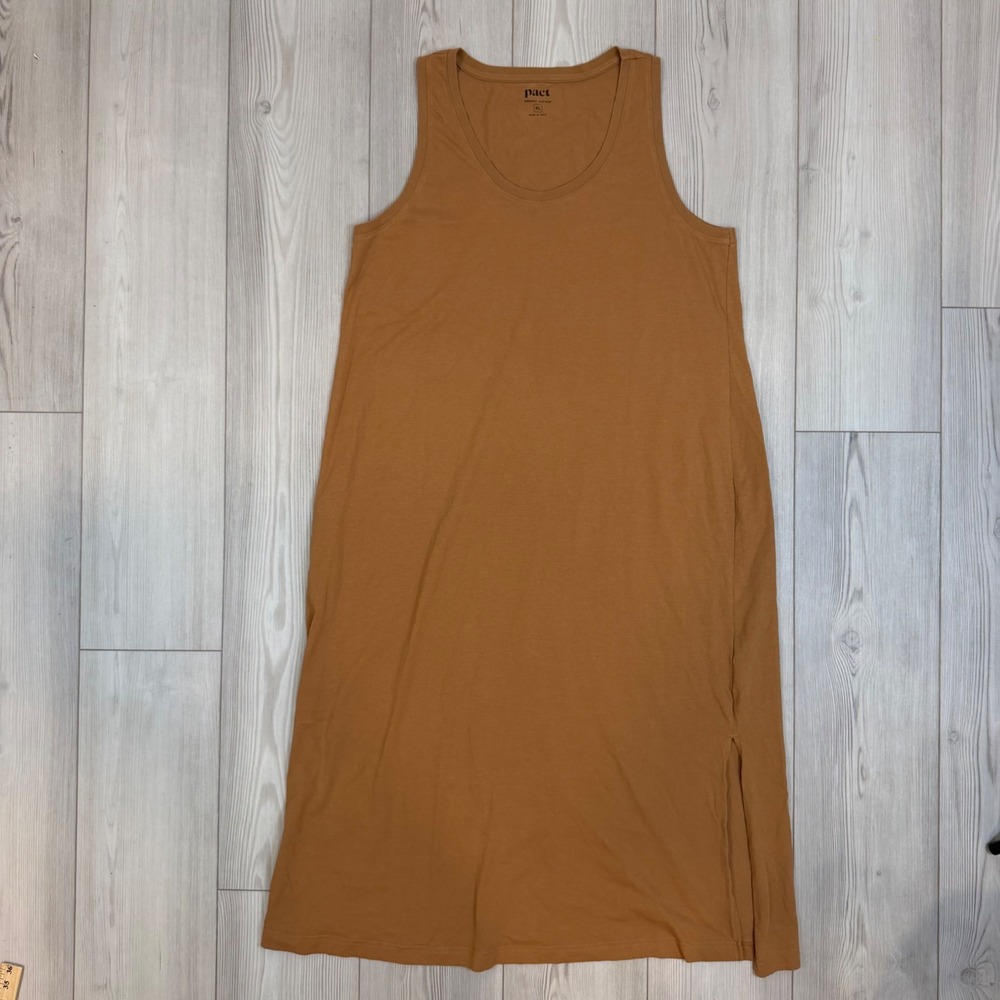 Pact Organic Cotton Sleeveless Midi Tank Dress Brown XL Scoop Neck Side Slit